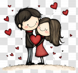 Cute Love - Cute Couple Holding A Heart In Cartoon Style Transparent PNG