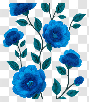 Blue Flowers With Leaves - Elegant Blue Floral Pattern Transparent PNG