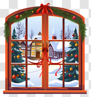Christmas Window Decoration - Decorative Christmas Window With Snowy View Transparent PNG