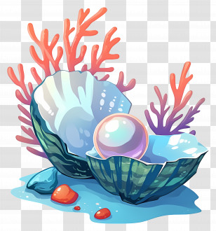 Open Oyster - Open Seashell With Pearl And Coral Backdrop Transparent PNG