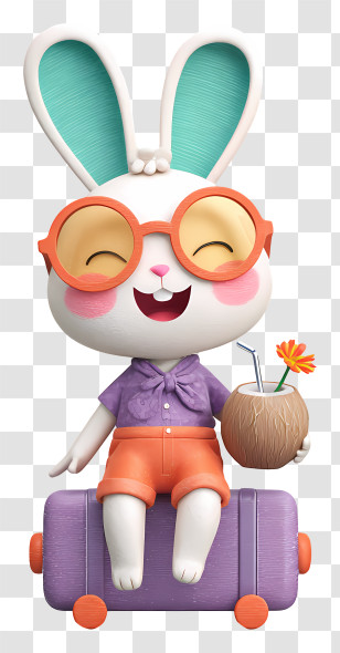Cartoon Bunny Holds Coconut Drink - Travel Bunny On Purple Suitcase Transparent PNG