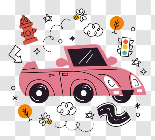 Pink Car - Pink Cartoon Car Illustration With Doodles Transparent PNG