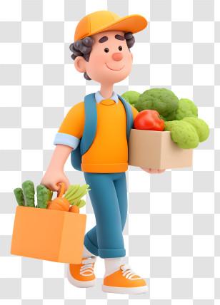 Guy Carrying Vegetables - Animated Man With Groceries Transparent PNG