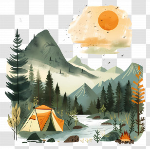 Summer Camping Background - Camping Scene With Mountains And Sunrise Transparent PNG