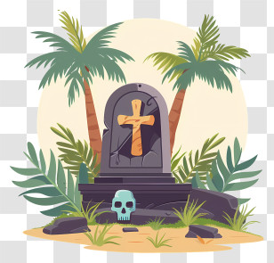 Tomb - Gravestone With Cross Under Palm Trees Transparent PNG