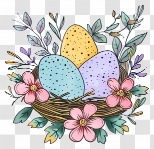 Nest With Colorful Eggs - Nest With Pastel Eggs And Flowers For Easter Transparent PNG