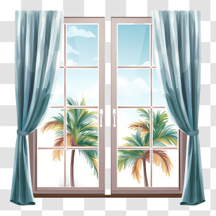 Window Curtain - Window With Curtains Overlooking Palm Trees Transparent PNG