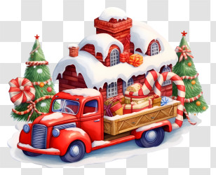 Red Truck With Sleigh - Red Truck With Christmas Gifts Transparent PNG