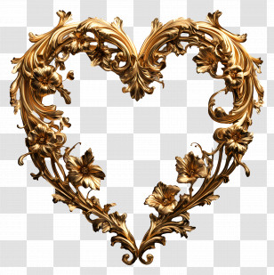 Heart Gold Frame - Golden Ornate Heart-Shaped Floral Frame Transparent PNG