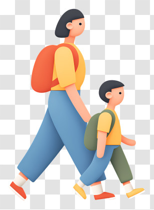 Mother Taking Boy To School - Mother And Child Walking With Backpacks Transparent PNG