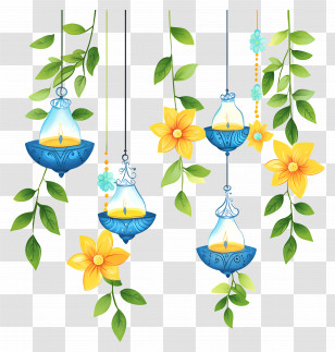 Diwali Marigold Garland - Blue Lanterns And Yellow Floral Accents Transparent PNG