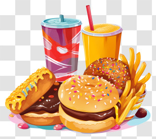 Fast Food - Junk Food Illustration With Burgers, Donuts, And Fries Transparent PNG