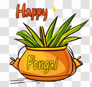 Happy Pongal - Decorative Pot With Leaves For Pongal Celebration Transparent PNG
