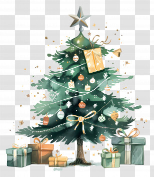 Christmas Tree - Ornamented Christmas Tree With Gifts Transparent PNG