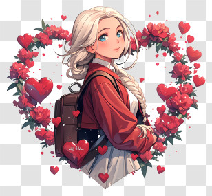 Girl With Hearts - Girl Framed With Hearts And Flowers Transparent PNG