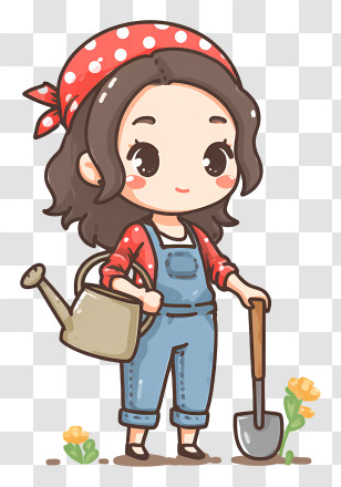 Cute Girl Planting Flowers - Cartoon Gardener With Tools Transparent PNG