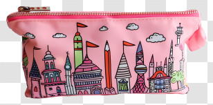 Pencil Pouch - Pink Pencil Case With Doodle Buildings Transparent PNG