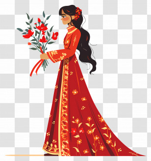 Cartoon Bride - Woman In Red Dress With Flowers Transparent PNG