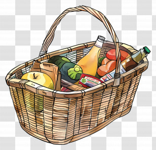 Grocery Basket - Wicker Basket Filled With Groceries Illustration Transparent PNG