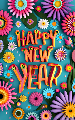 Happy New Year - Happy New Year Text With Colorful Floral Decorations Transparent PNG