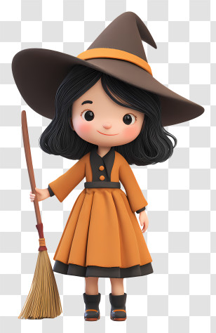 Witch Girl Holding Broom Stick - Adorable Cartoon Witch With Broom Transparent PNG