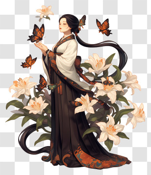 Girl With Lily Anime - Woman With Butterflies And Flowers Transparent PNG