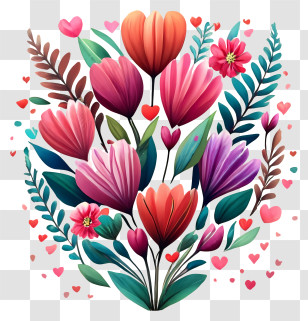 Bouquet Of Flowers - Colorful Floral Bouquet With Hearts Illustration Transparent PNG