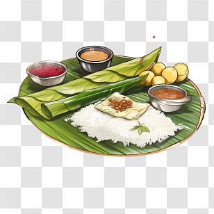 Onam Sadya Food - Traditional Banana Leaf Breakfast Platter With South Indian Dishes Transparent PNG