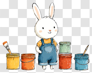 Rabbit In Painting - White Bunny With Paintbrush And Colorful Buckets Transparent PNG