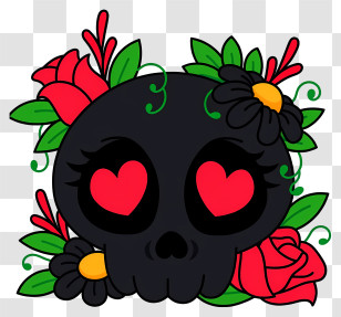 Halloween Skull Flowers - Black Skull With Heart Eyes And Flowers Transparent PNG