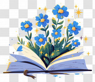 Open Book - Blue Flowers Growing Out Of A Book Transparent PNG