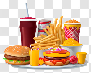 Fast Food - Platter Of Fast Food Items With Drinks Transparent PNG