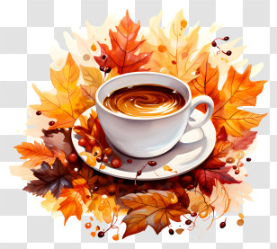 Coffee Cup Surrounded By Autumn Leaves - Autumn-Themed Coffee Cup With Leaves Artwork Transparent PNG