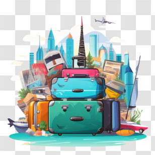 Travel - Illustration Of Colorful Suitcases And A Travel Setup Transparent PNG