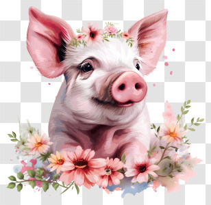 Pig Day - Cute Pig Adorned With Beautiful Flowers Transparent PNG