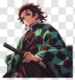 Tanjiro Kamado - Anime Swordsman In Checkered Kimono Transparent PNG