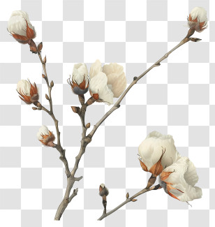 Fluffy Cotton Twig - Cotton Branch With White Flowers Transparent PNG