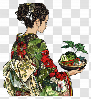Traditional Woman - Woman In Floral Kimono Holding Bowl Transparent PNG