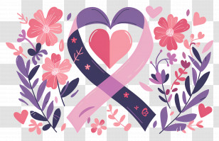 Breast Cancer Awareness - Pink And Purple Ribbon With Heart And Floral Art Transparent PNG