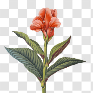 Canna Indica - Detailed Illustration Of Hibiscus Flower And Leaves Transparent PNG