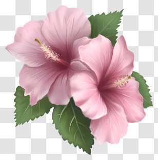 Realistic Rose Of Sharon - Light Pink Hibiscus Blooms With Green Leaves Transparent PNG