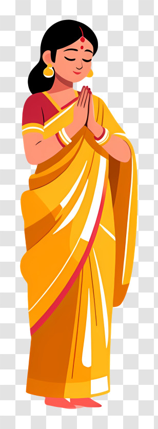 Indian Woman Welcome Namaste Hands - Woman In Yellow Sari Praying With Folded Hands Transparent PNG