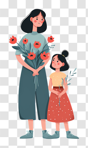 Mom And Daughter With Flowers Transparent PNG