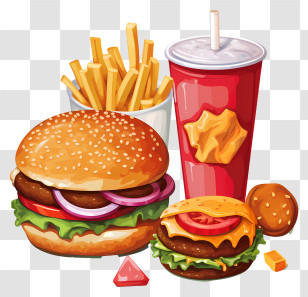 Hamburger - Delicious Hamburger Combo Meal With Fries And Drink Transparent PNG