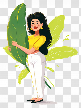 Woman Holding Leaf - Cartoon Woman With Large Leaf Transparent PNG