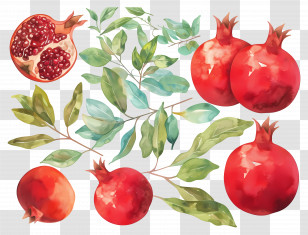 Pomegranate - Watercolor Illustration Of Pomegranates And Leaves Transparent PNG