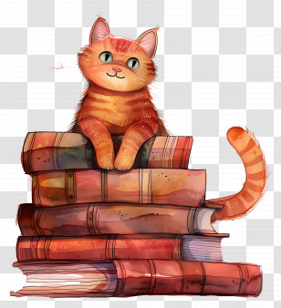 Gardener Cat - Orange Cat Sitting On Books Stack Transparent PNG
