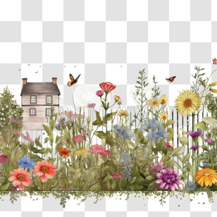 Summer Border
 - Beautiful Garden With Flowers And Countryside House Transparent PNG