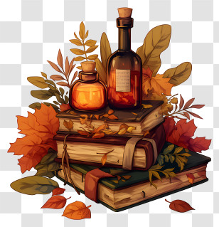 Still Life Of Fall - Magical Books With Potion Bottles Transparent PNG