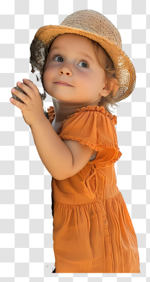Little Girl Against Tree - Adorable Child In Orange Dress With Straw Hat Transparent PNG